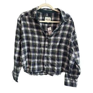 NWT American Eagle Crop Plaid Button Down Shirt Size M Blue